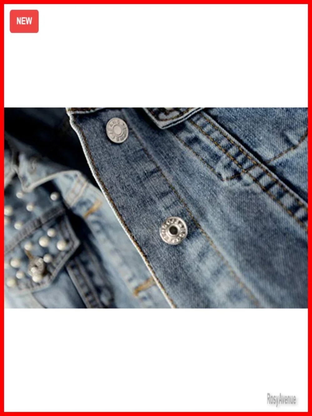 Oversized Denim Jacket with Pearls Beading Long Sleeve Button Up